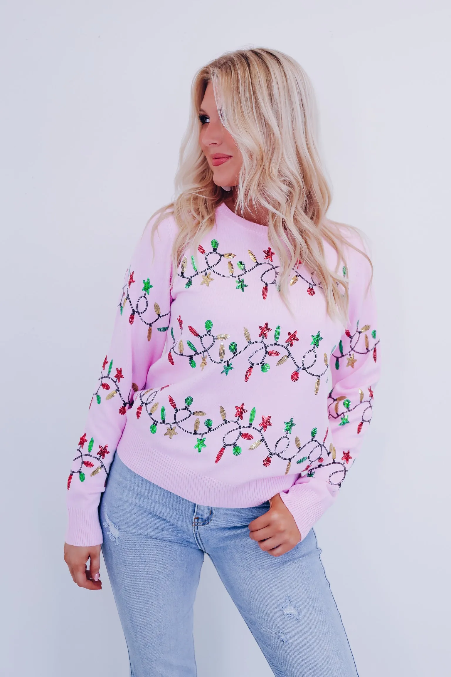 Holiday String Lights Sequin Sweater- Light Lilac
