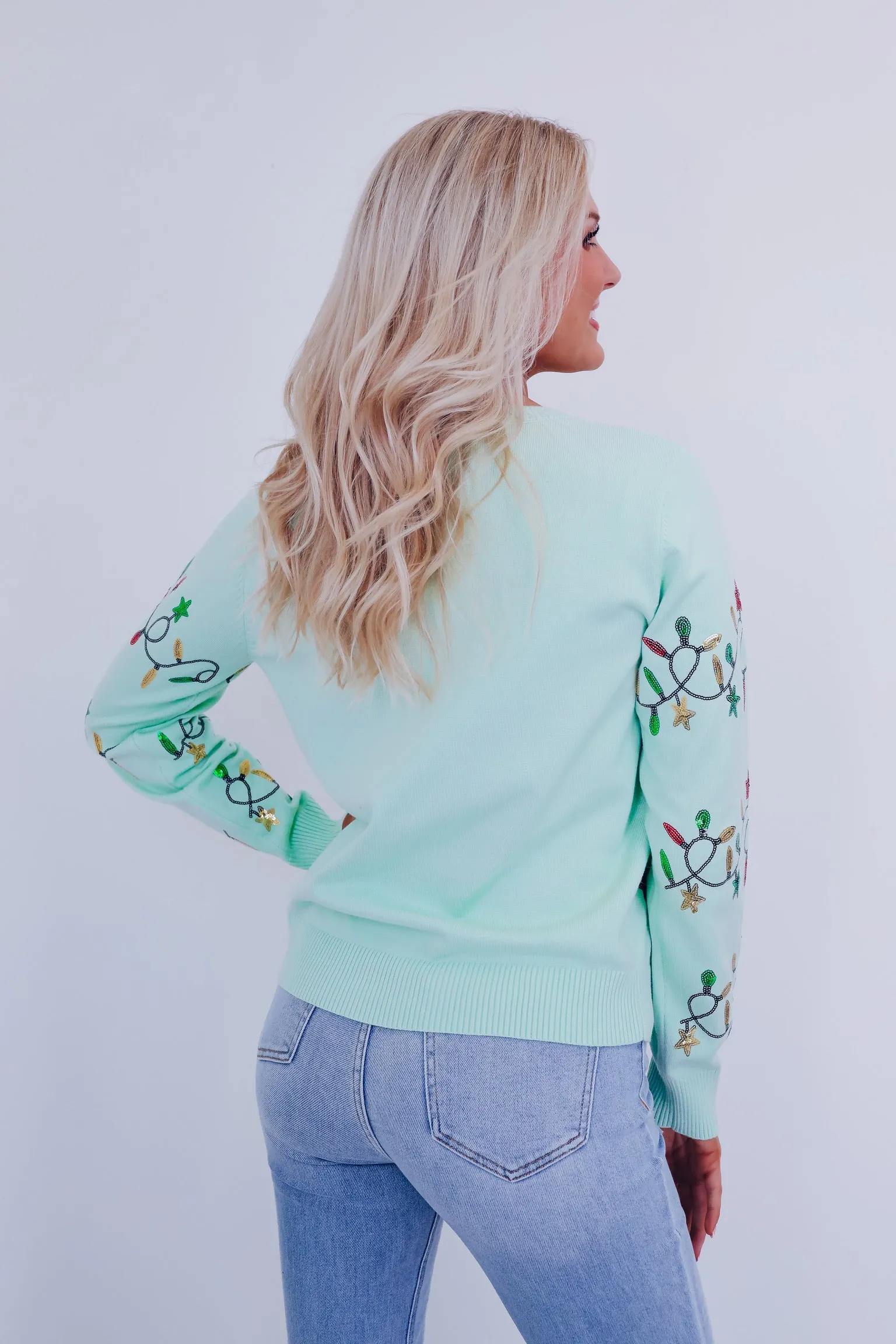 Holiday String Lights Sequin Sweater- Mint
