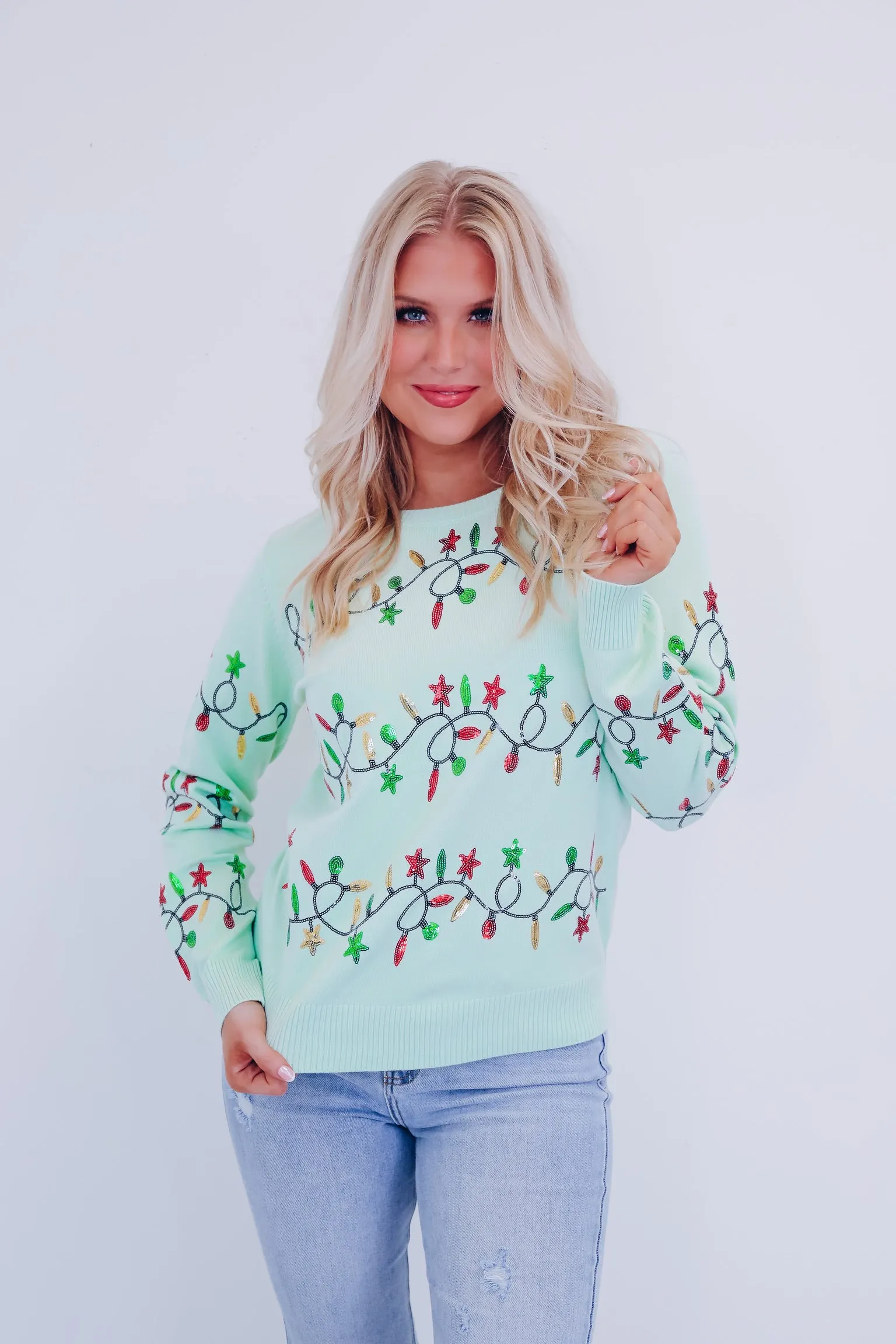 Holiday String Lights Sequin Sweater- Mint