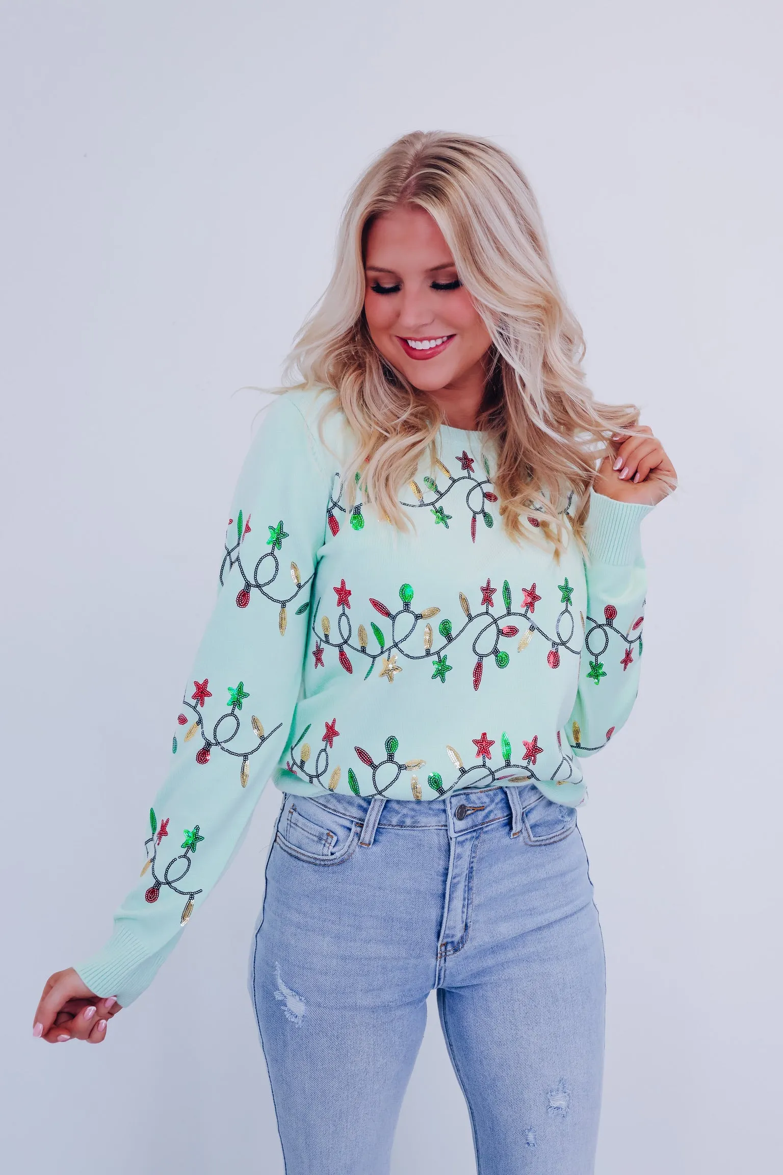 Holiday String Lights Sequin Sweater- Mint