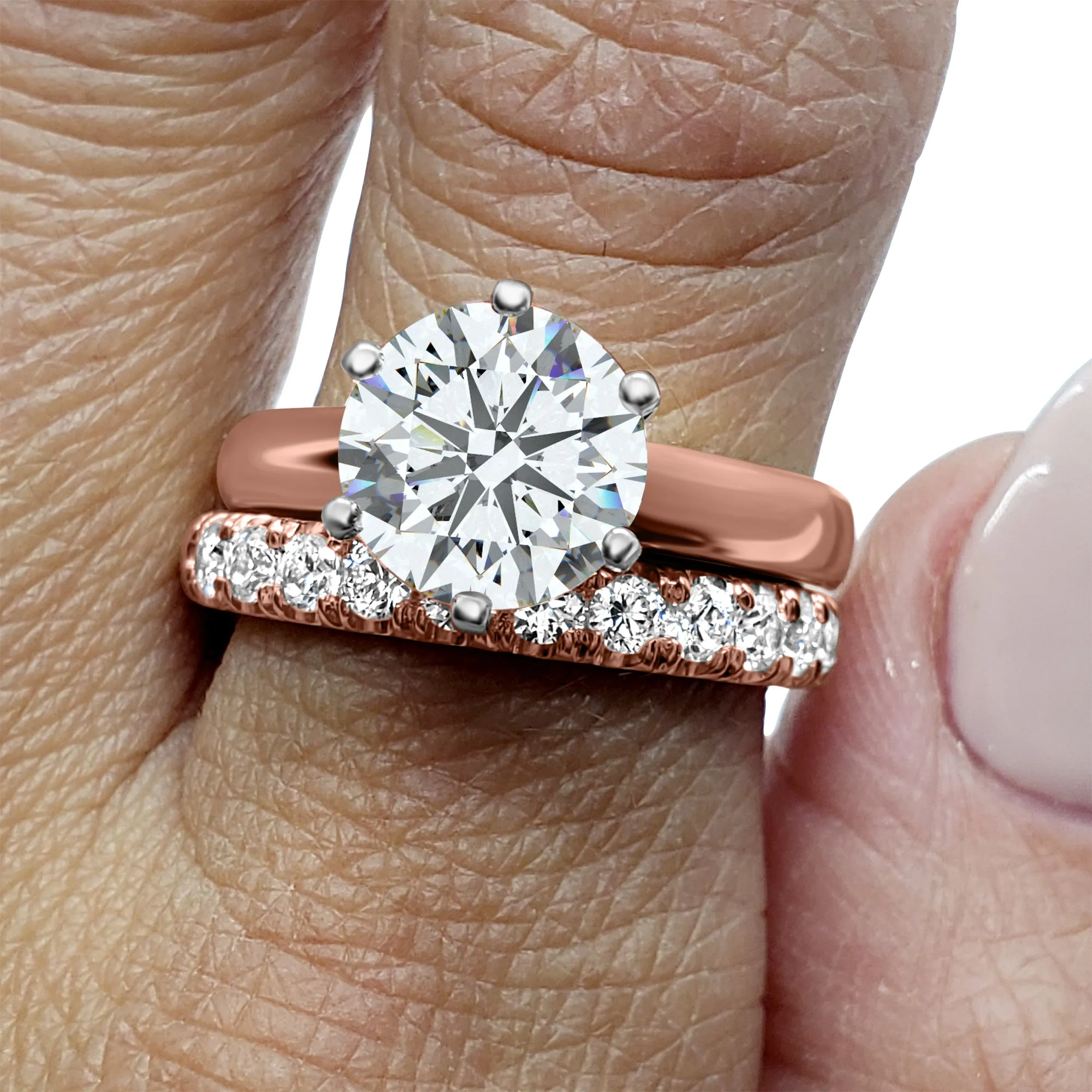 IGI Certified Diamond Bridal Wedding Set | 1, 2, or 3 Carat Round Engagement Ring and Wedding Band | 14k Rose Gold