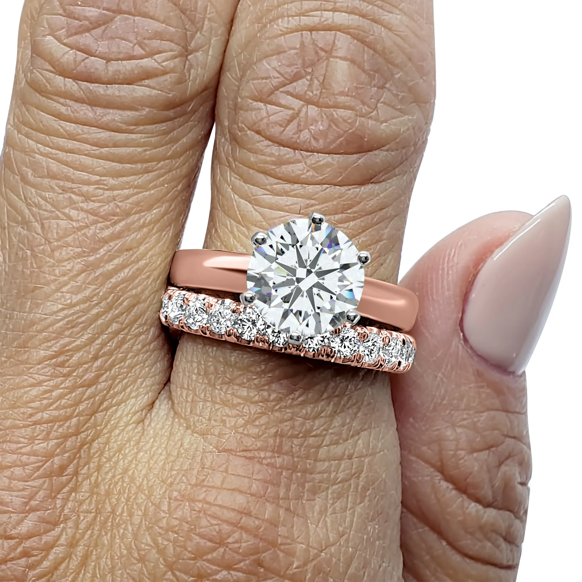 IGI Certified Diamond Bridal Wedding Set | 1, 2, or 3 Carat Round Engagement Ring and Wedding Band | 14k Rose Gold