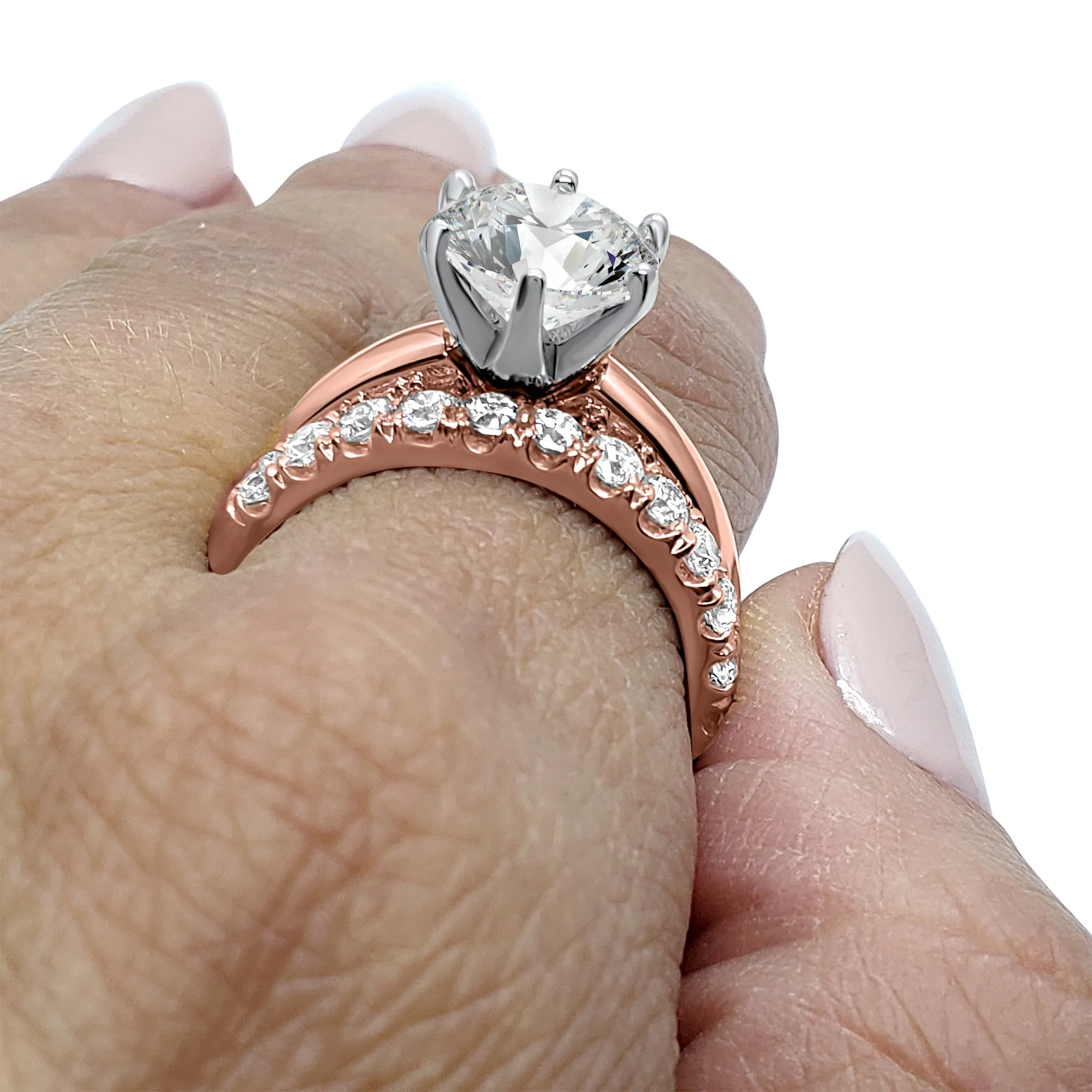 IGI Certified Diamond Bridal Wedding Set | 1, 2, or 3 Carat Round Engagement Ring and Wedding Band | 14k Rose Gold