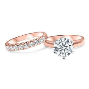 IGI Certified Diamond Bridal Wedding Set | 1, 2, or 3 Carat Round Engagement Ring and Wedding Band | 14k Rose Gold
