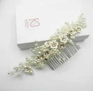 Ivory Flowers Large Bridal Hair Comb, Off White Bridal Pearl Hairpin, Wedding Pearl Decorative Hair Comb Headpiece