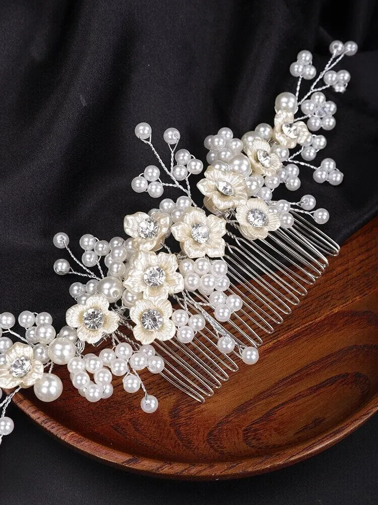 Ivory Flowers Large Bridal Hair Comb, Off White Bridal Pearl Hairpin, Wedding Pearl Decorative Hair Comb Headpiece
