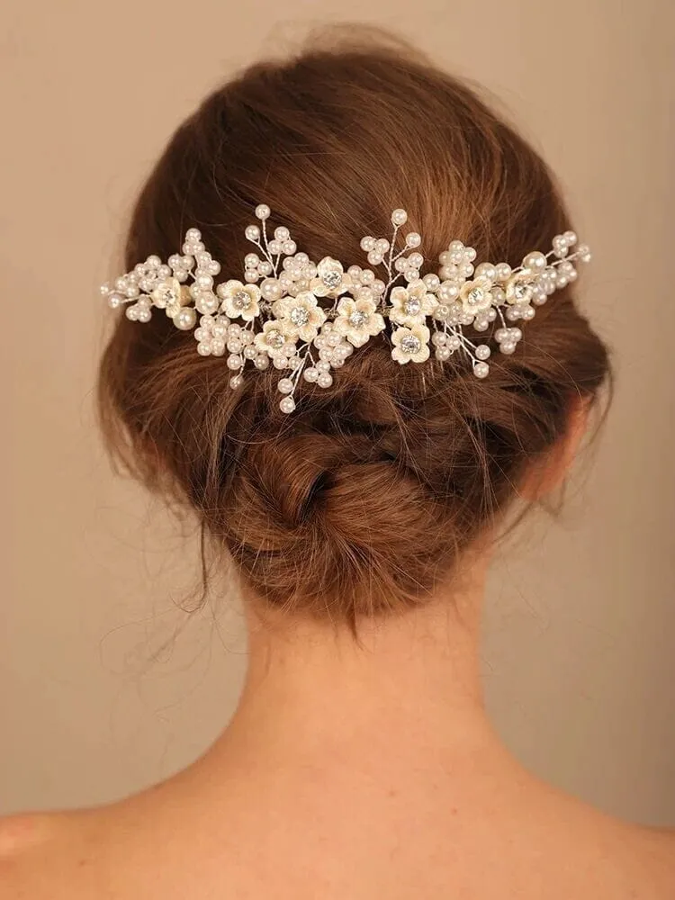 Ivory Flowers Large Bridal Hair Comb, Off White Bridal Pearl Hairpin, Wedding Pearl Decorative Hair Comb Headpiece