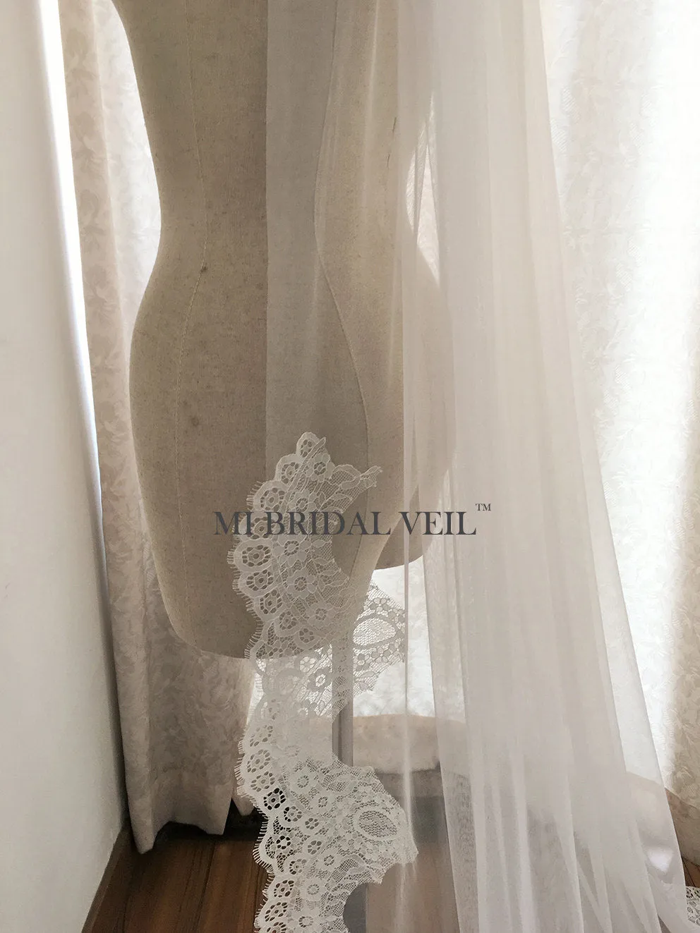 Lace Wedding Veil, Chapel Veil Lace at Hip, Mi Bridal