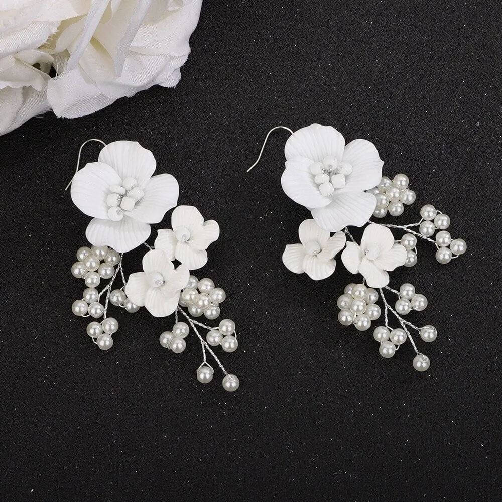 Large White Flower Dangle Earrings, Bridal Floral Earrings, Wedding Big Flower Pearl Statement Earrings