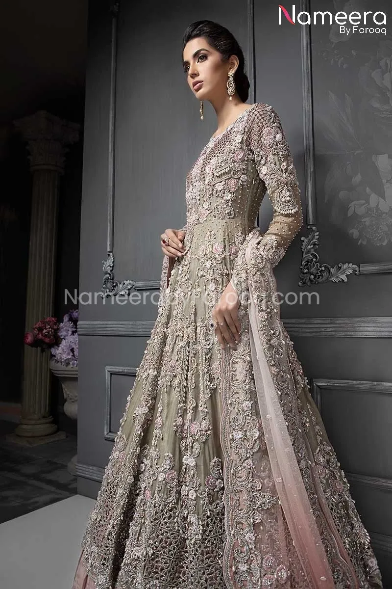 Latest Pakistani Bridal Frock in Grey Pink Color #BS71