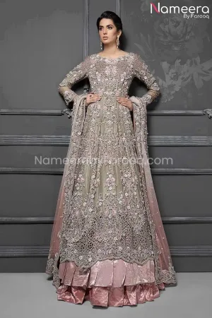 Latest Pakistani Bridal Frock in Grey Pink Color #BS71