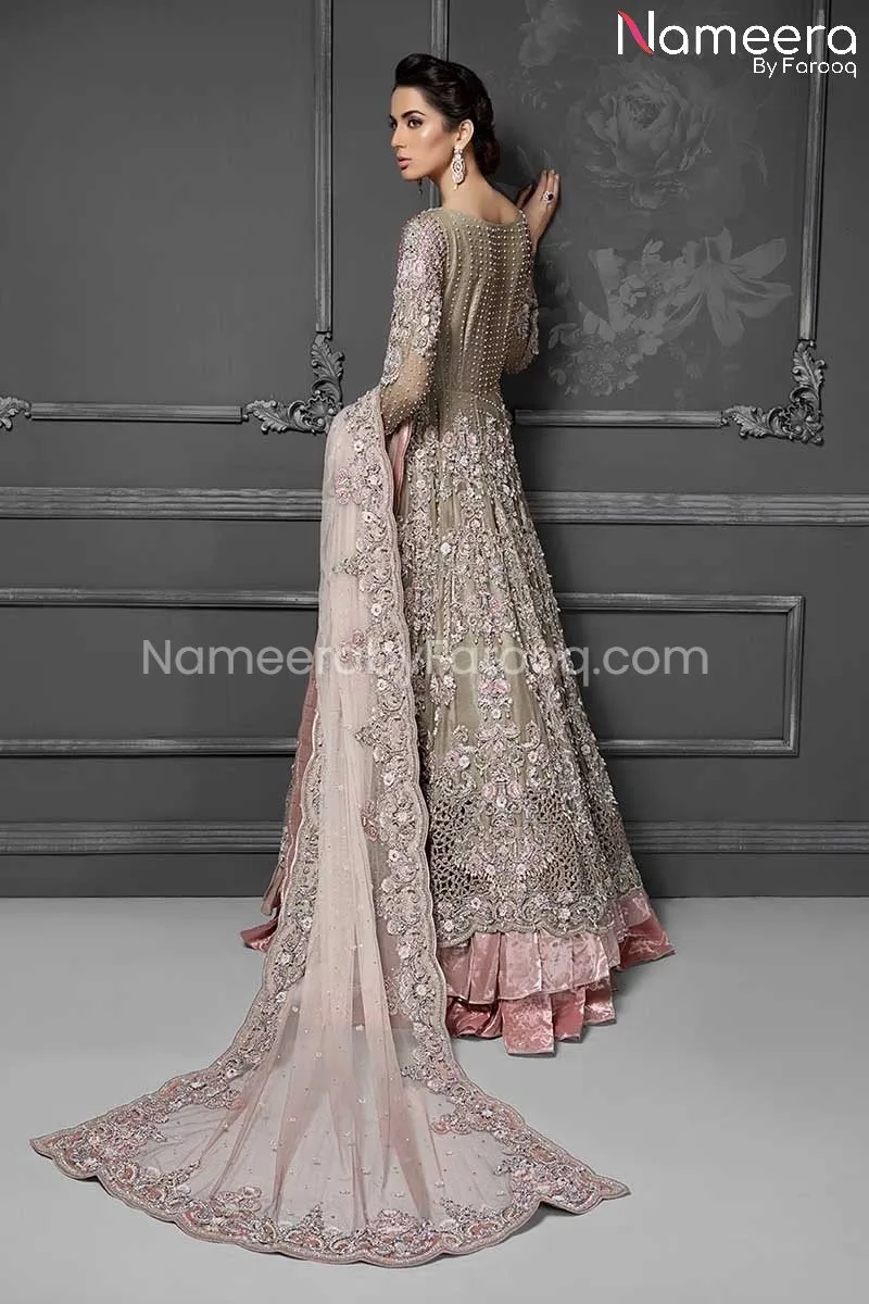 Latest Pakistani Bridal Frock in Grey Pink Color #BS71