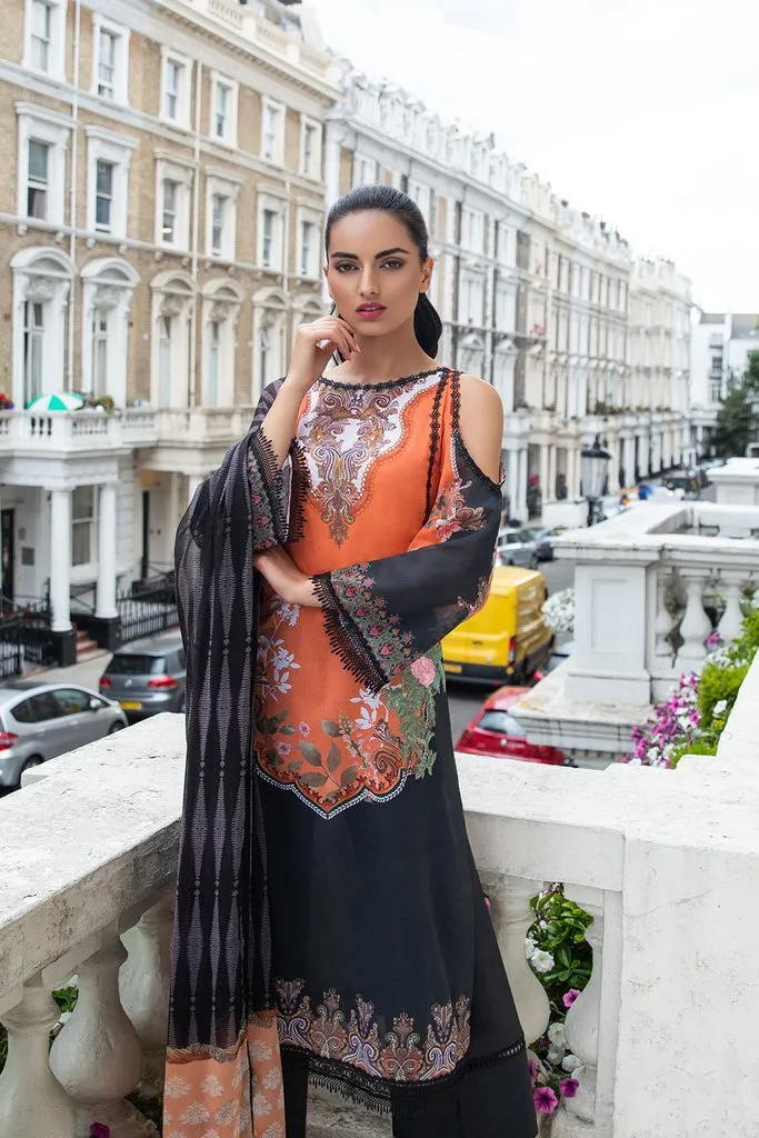 Latest Pakistani lawn dress 2020 in elegant black and orange color # E2217