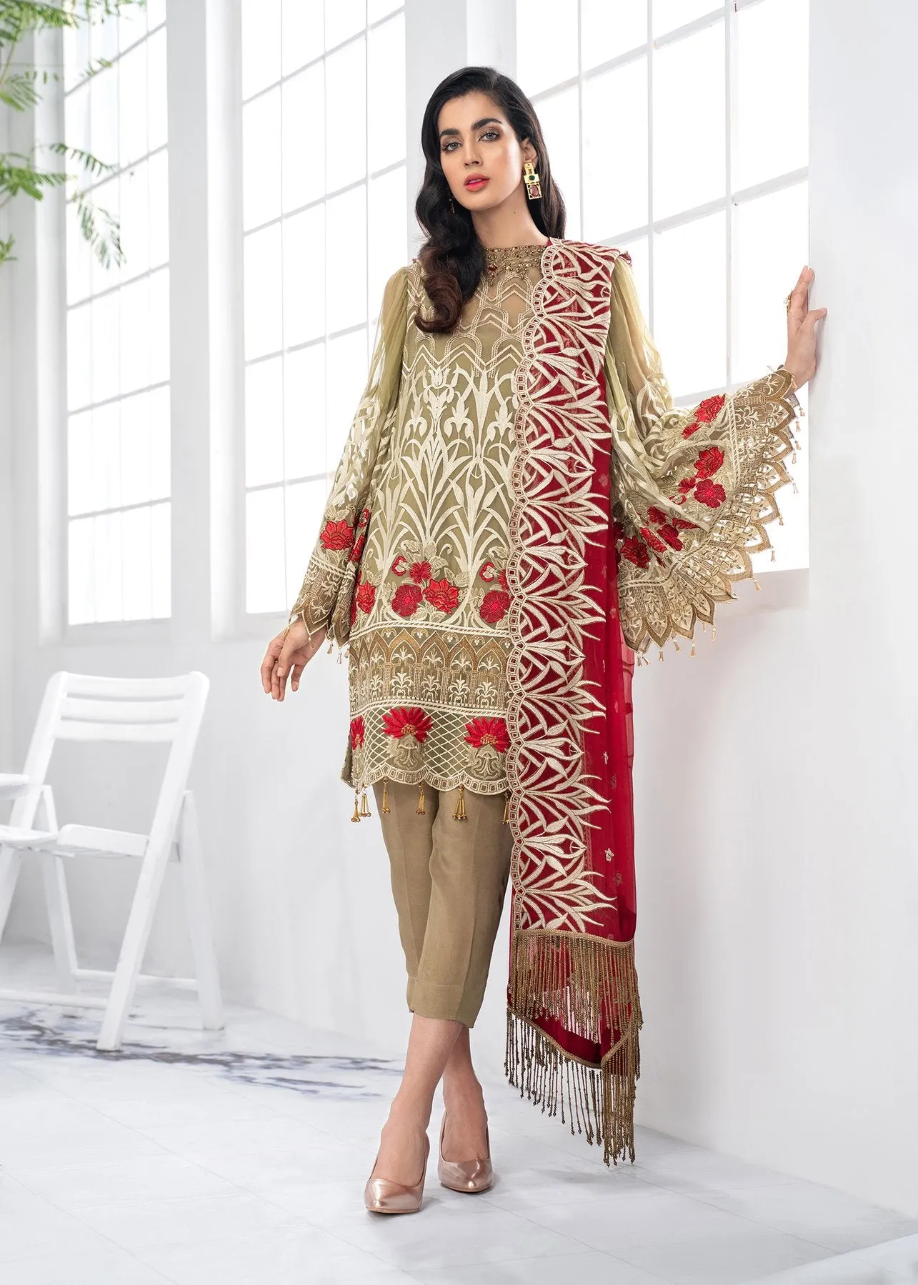 Latest Pakistani Olive Green Party Dress With Maroon Color # CA137