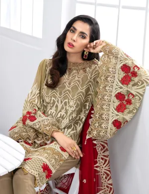 Latest Pakistani Olive Green Party Dress With Maroon Color # CA137