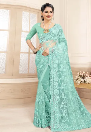 Light Blue Embroidered Party Wear Saree