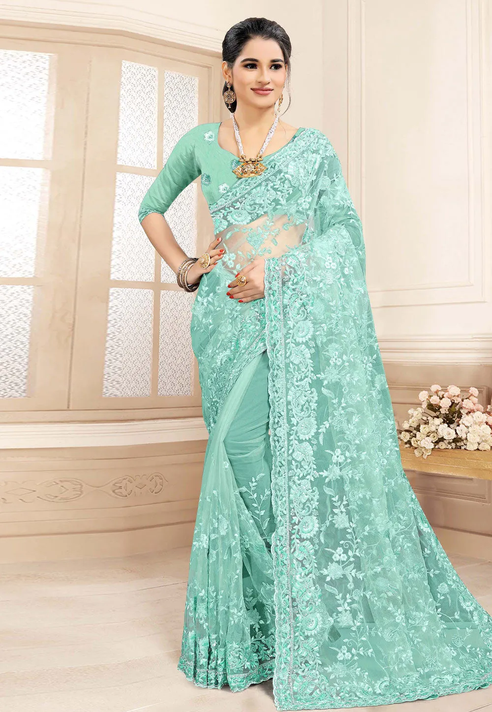 Light Blue Embroidered Party Wear Saree