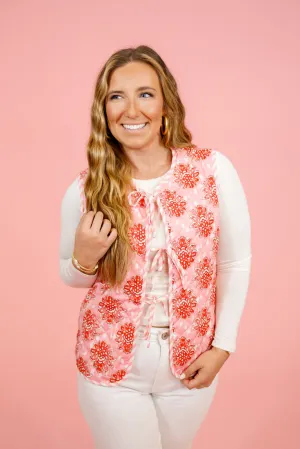 Light Pink Floral Quilted Bow Vest
