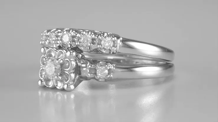 Lucky Clover Retro Moderne White Sapphires Wedding Set in 14K White Gold