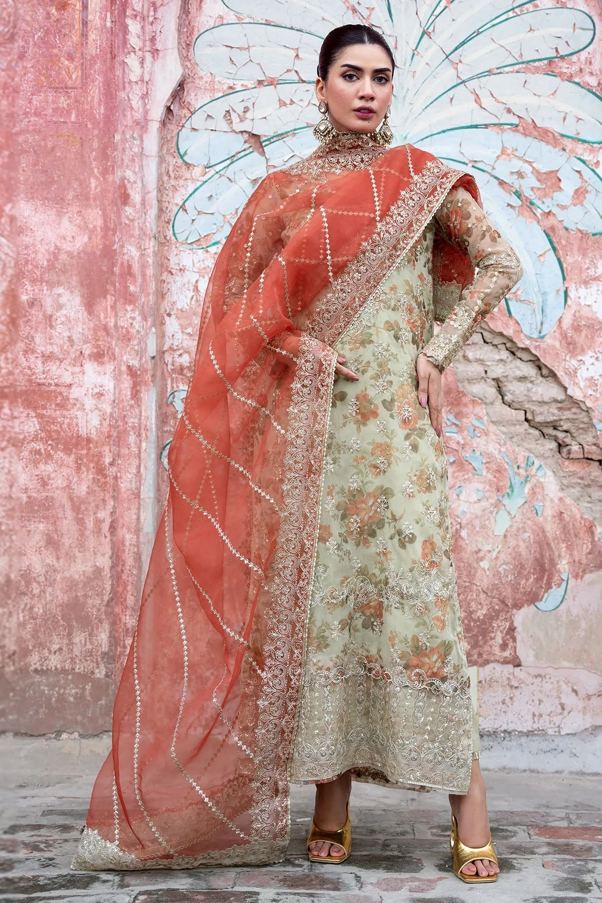 Luxury Floral Digital Printed Hand Embellished Pakistani Wedding Dress