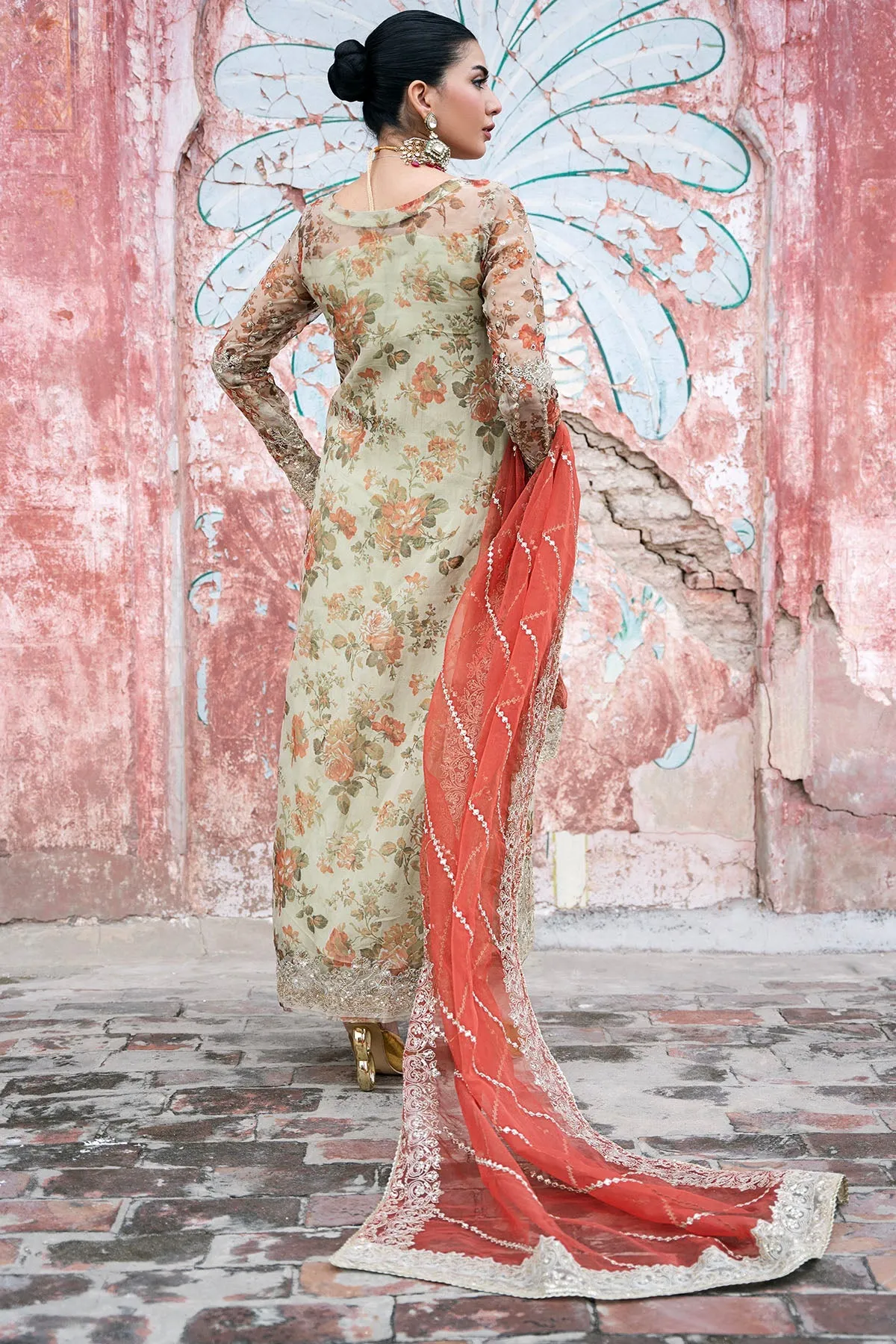 Luxury Floral Digital Printed Hand Embellished Pakistani Wedding Dress