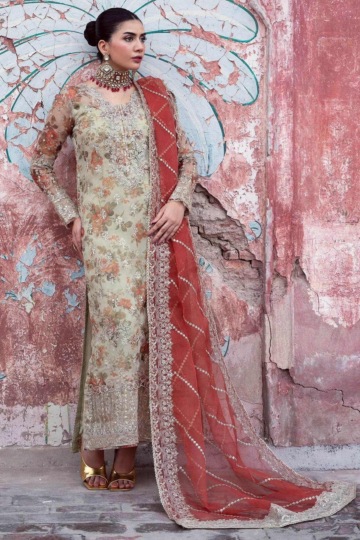 Luxury Floral Digital Printed Hand Embellished Pakistani Wedding Dress