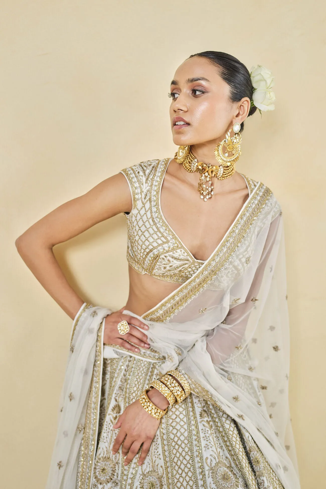 MAHROO ZARDOZI EMBROIDERED SILK LEHENGA SET - WHITE