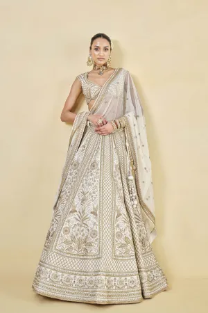 MAHROO ZARDOZI EMBROIDERED SILK LEHENGA SET - WHITE