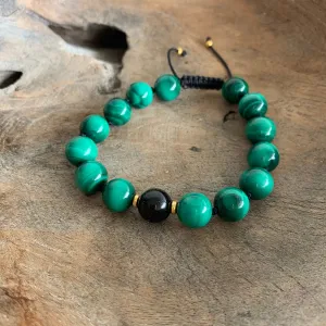 Malachite and Black Tourmaline Adjustable Beaded Bracelet 10mm