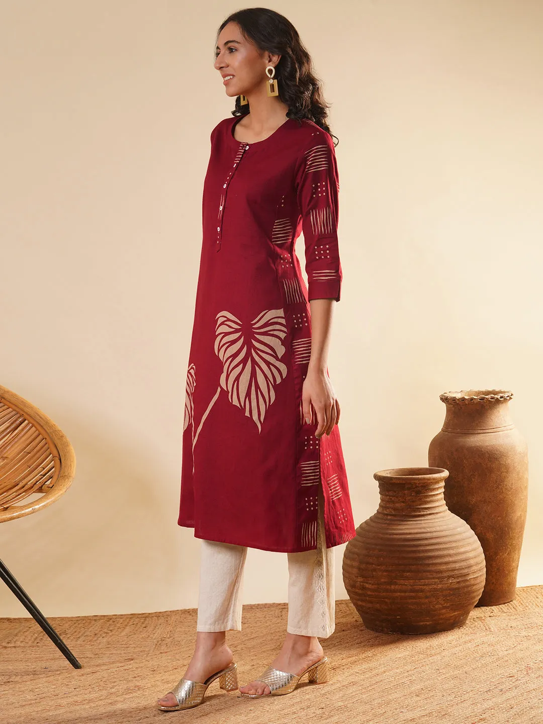 Maroon Comfort Fit Cotton Kurta for Women Online in India - Zola