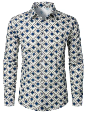 Men's Cotton Casual Geometric Button Up Long Sleeve Shirt