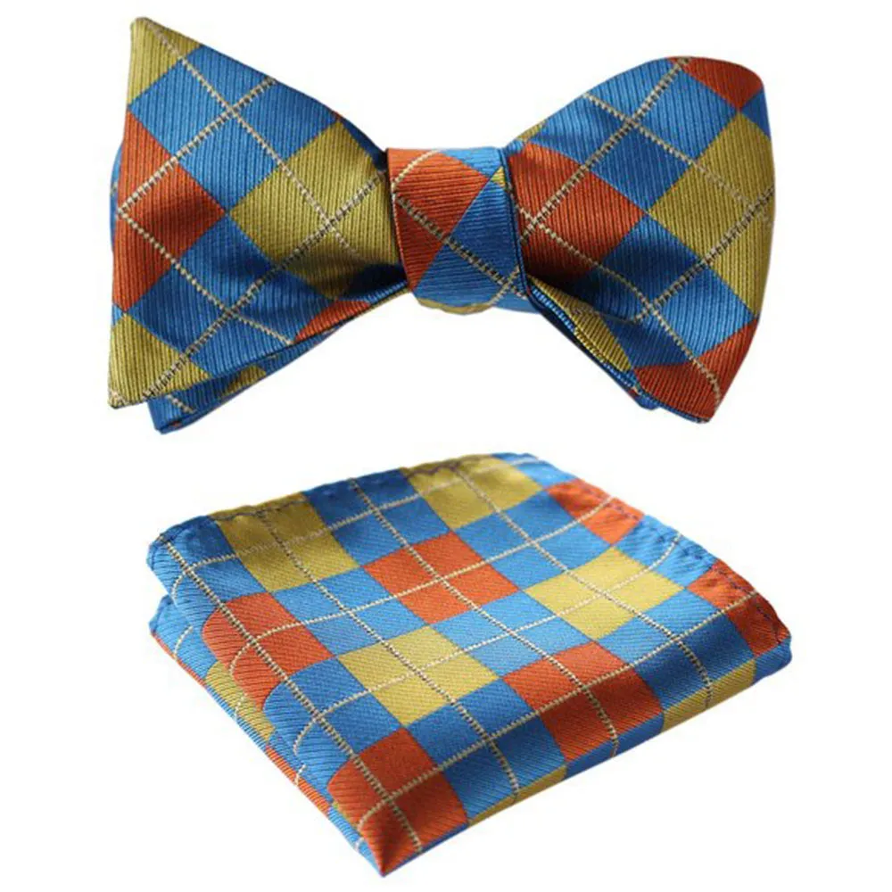 Men's Olive Orange Blue Check Silk Self Bow Tie With Handkerchief