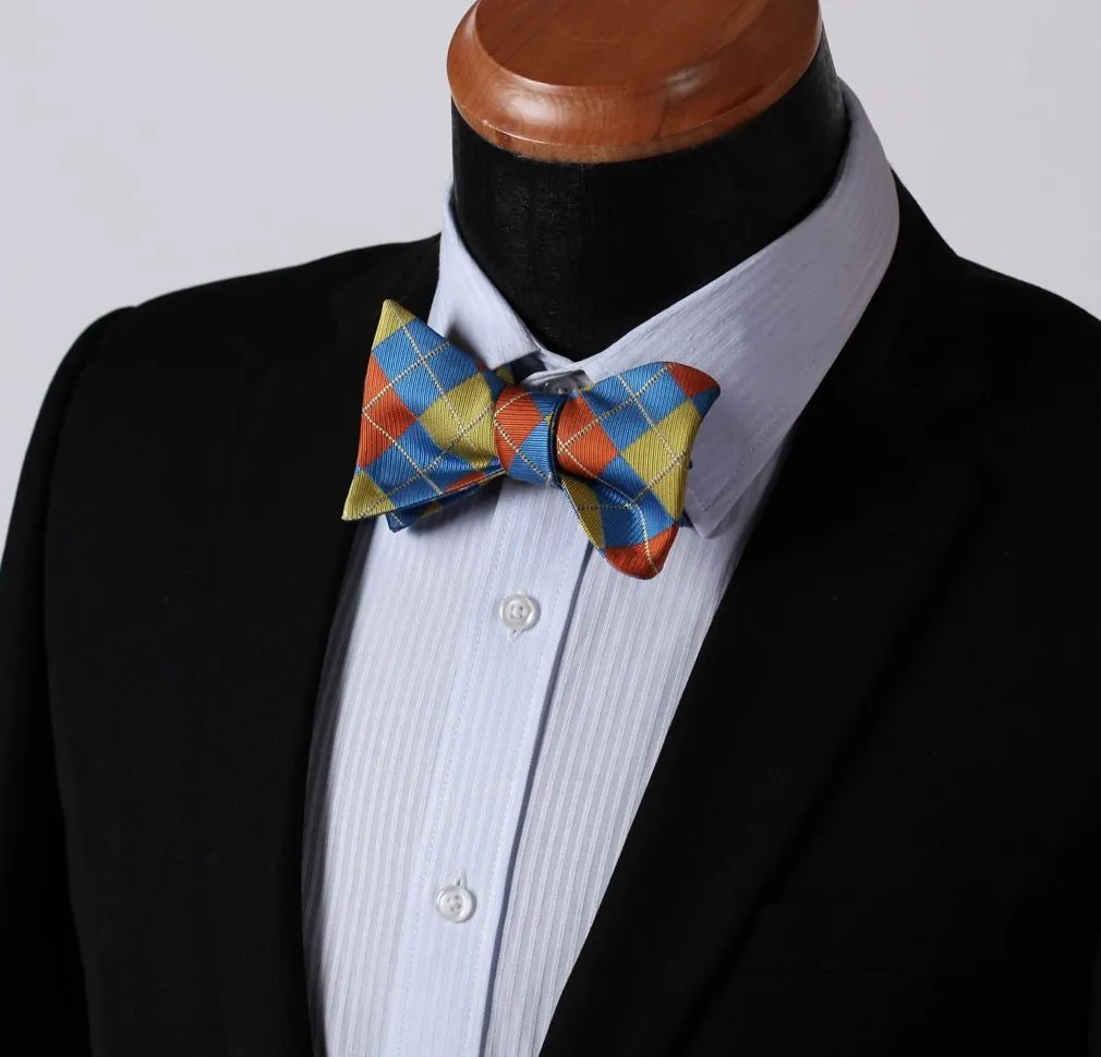 Men's Olive Orange Blue Check Silk Self Bow Tie With Handkerchief