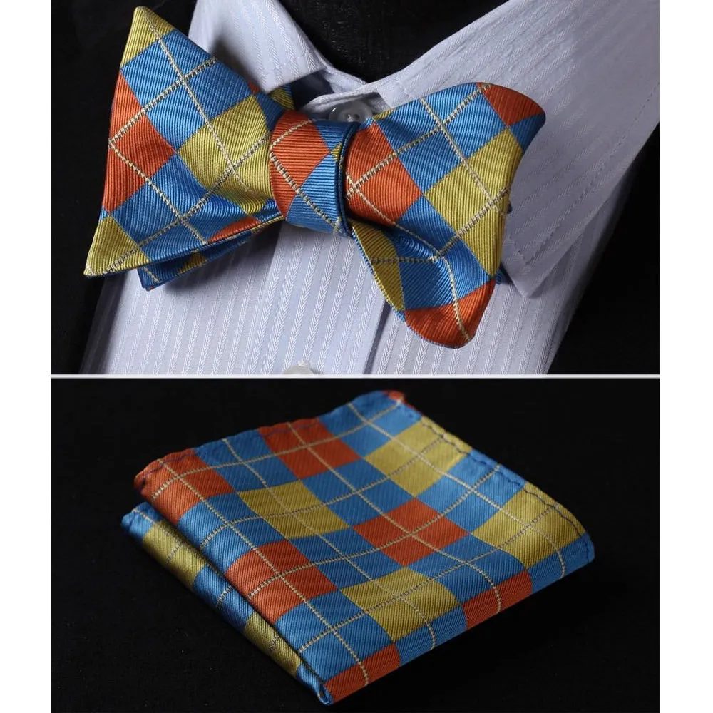 Men's Olive Orange Blue Check Silk Self Bow Tie With Handkerchief