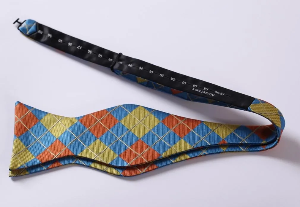 Men's Olive Orange Blue Check Silk Self Bow Tie With Handkerchief