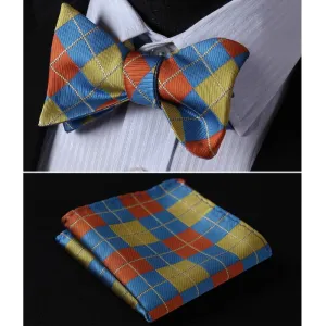 Men's Olive Orange Blue Check Silk Self Bow Tie With Handkerchief