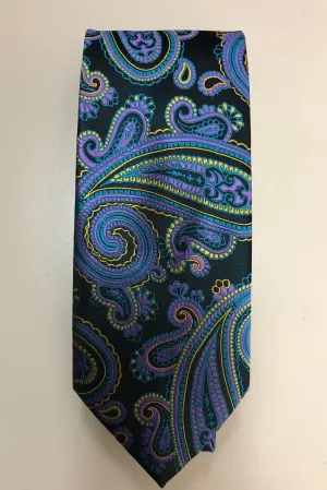 Mens Paisley Necktie Black Purple Yellow Combination