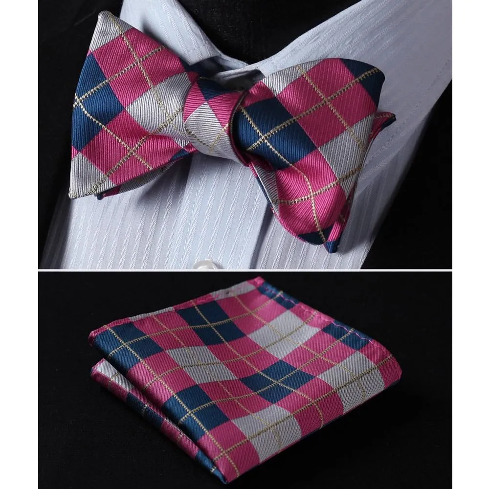Men's Pink Gray Check Silk Self Bow Tie & Handkerchief