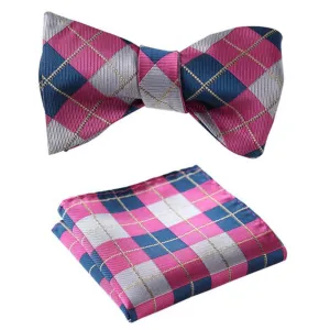 Men's Pink Gray Check Silk Self Bow Tie & Handkerchief