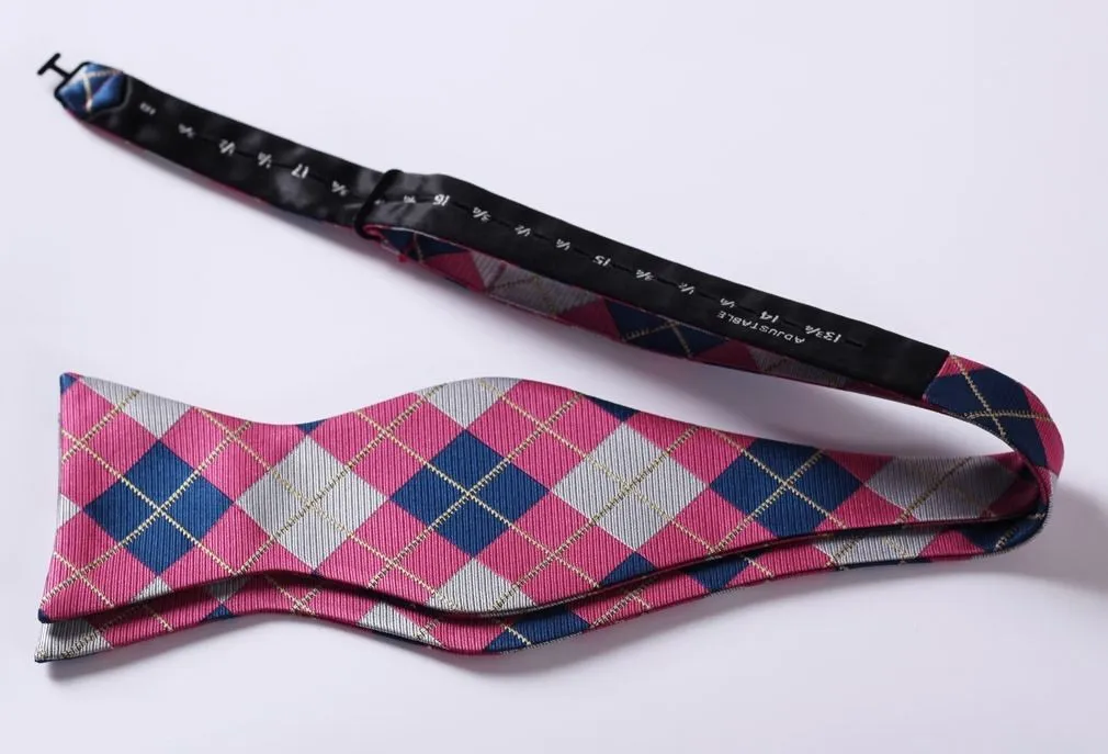 Men's Pink Gray Check Silk Self Bow Tie & Handkerchief
