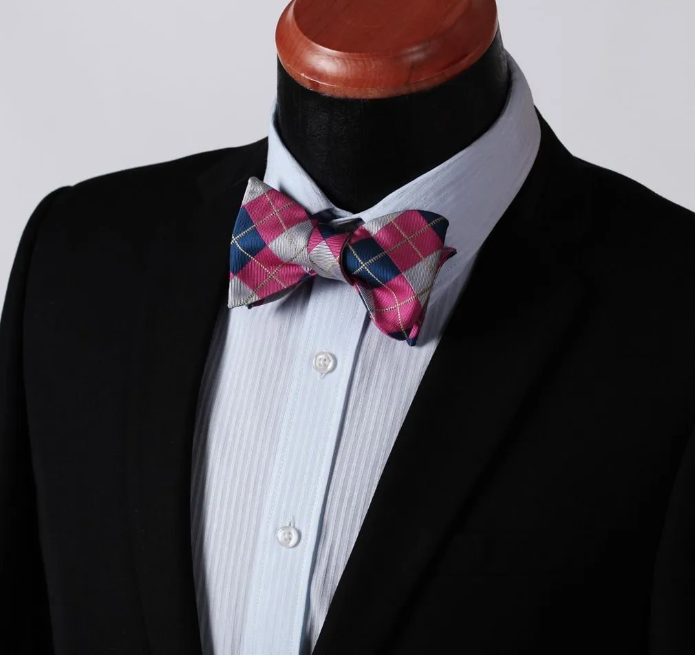 Men's Pink Gray Check Silk Self Bow Tie & Handkerchief