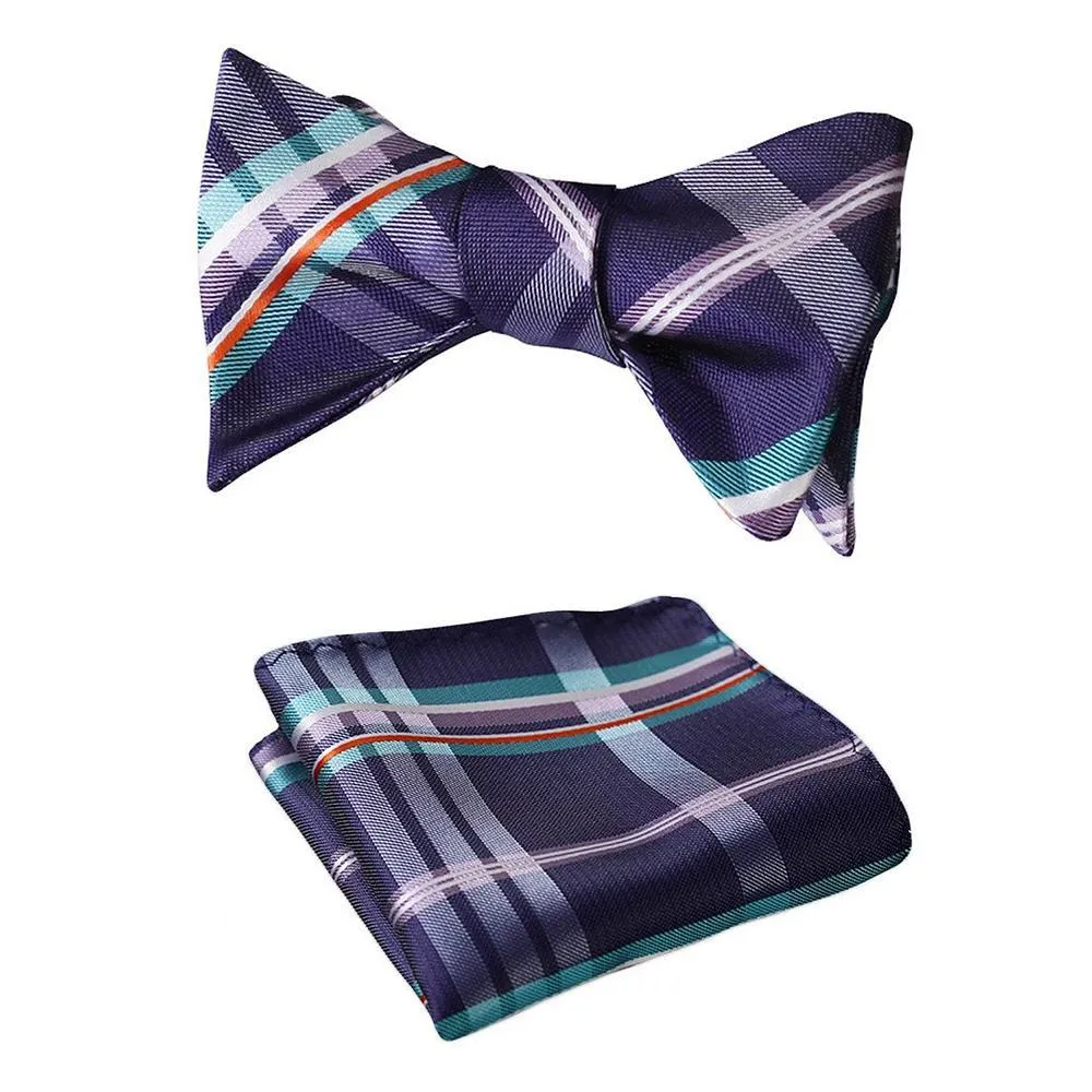 Men's Purple Aqua Orange Check Bow Tie & Pocket Handkerchief - Identical 1