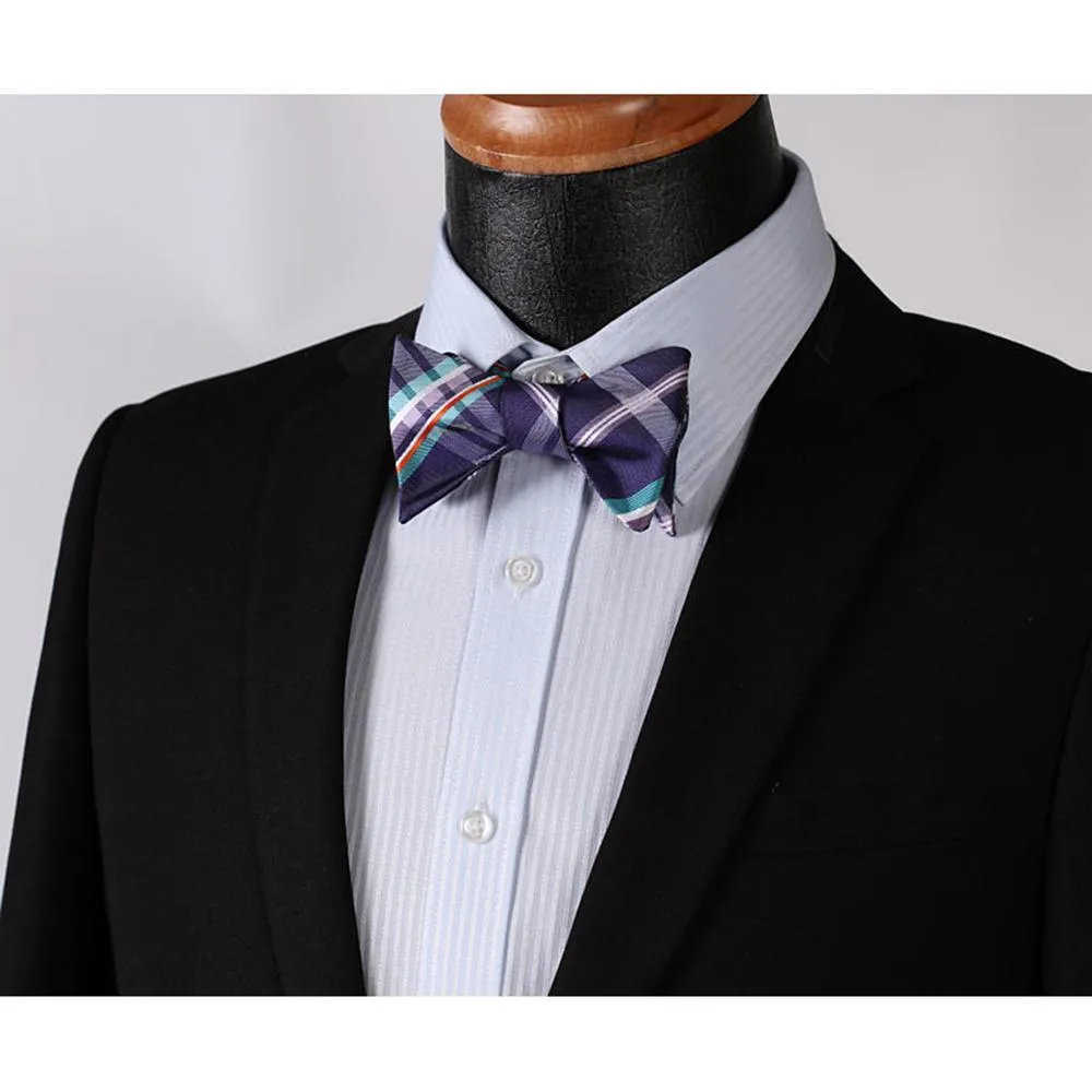 Men's Purple Aqua Orange Check Bow Tie & Pocket Handkerchief - Identical 1