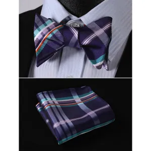 Men's Purple Aqua Orange Check Bow Tie & Pocket Handkerchief - Identical 61