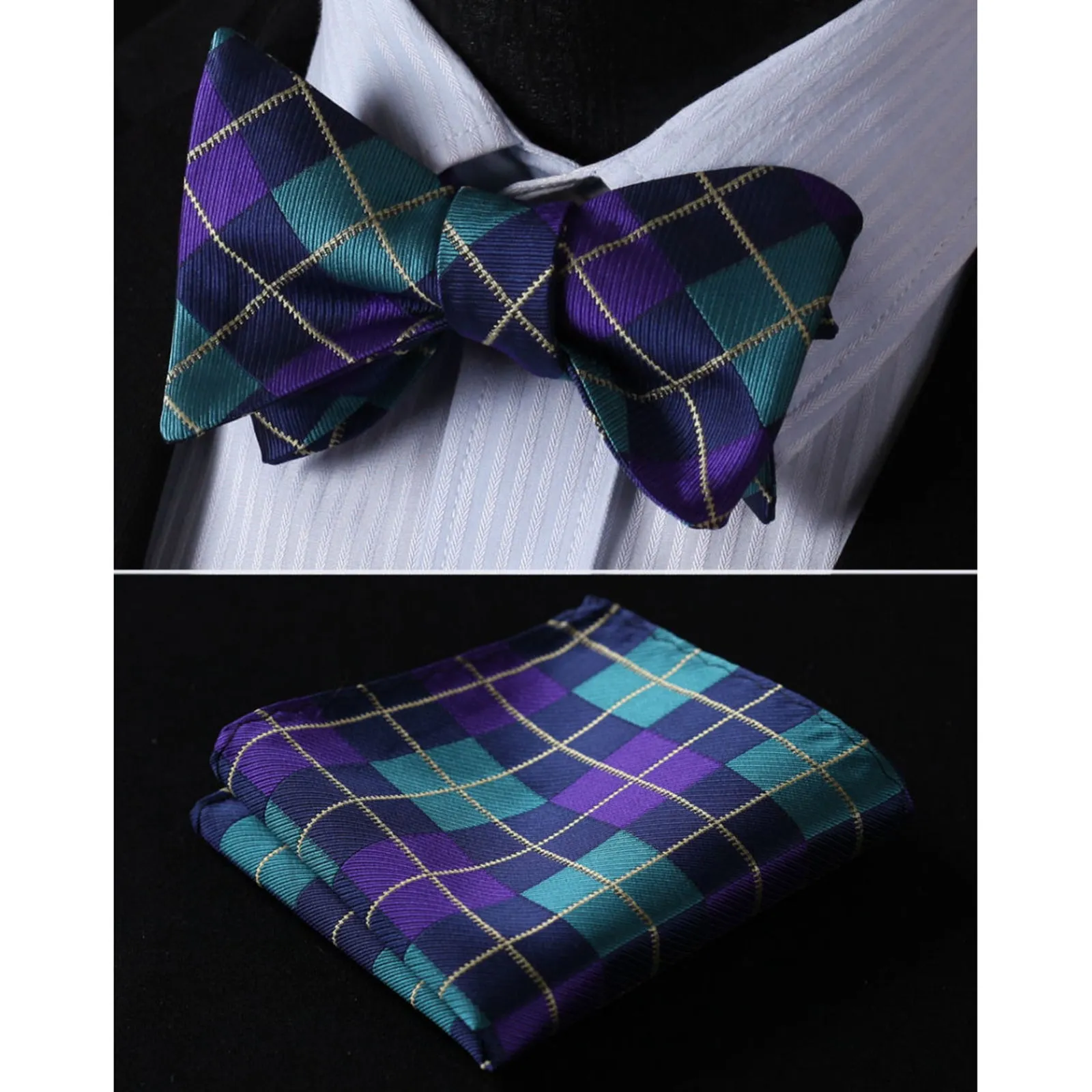 Men's Silk Aqua Purple Check Self Bow Tie Handkerchief