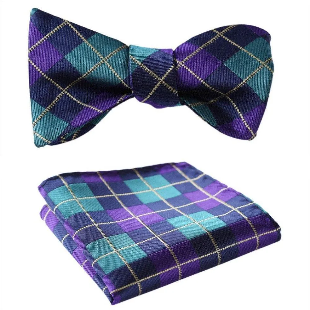 Men's Silk Aqua Purple Check Self Bow Tie Handkerchief