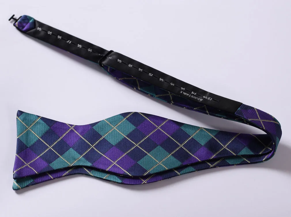 Men's Silk Aqua Purple Check Self Bow Tie Handkerchief