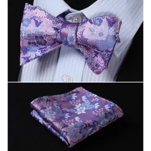 Men's Silk Light Purple Floral Self Bow Tie Handkerchief