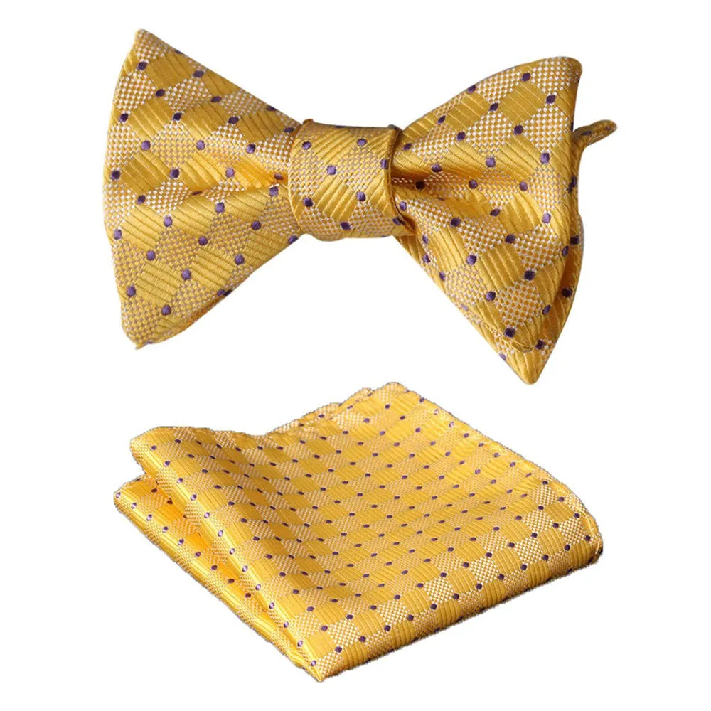 Men's Silk Solid Yellow Self Bow Tie & Pocket Square Handkerchief