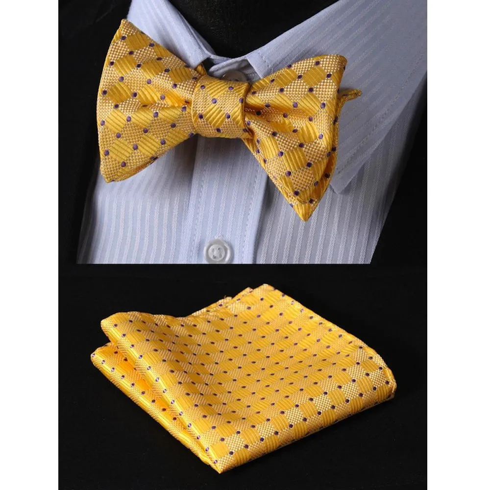 Men's Silk Solid Yellow Self Bow Tie & Pocket Square Handkerchief